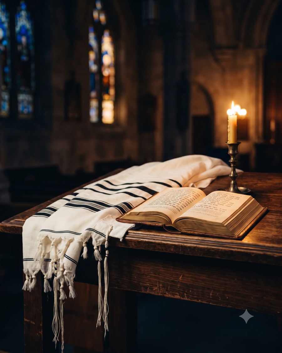 Tallit and open machzor prepared for Yom Kippur prayers